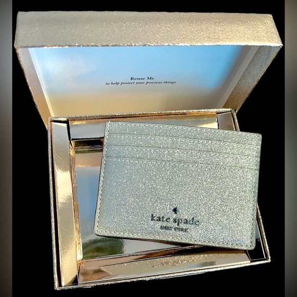 kate spade New w/Tags double sided Credit card case silver Glitter in gift box - Picture 5 of 11